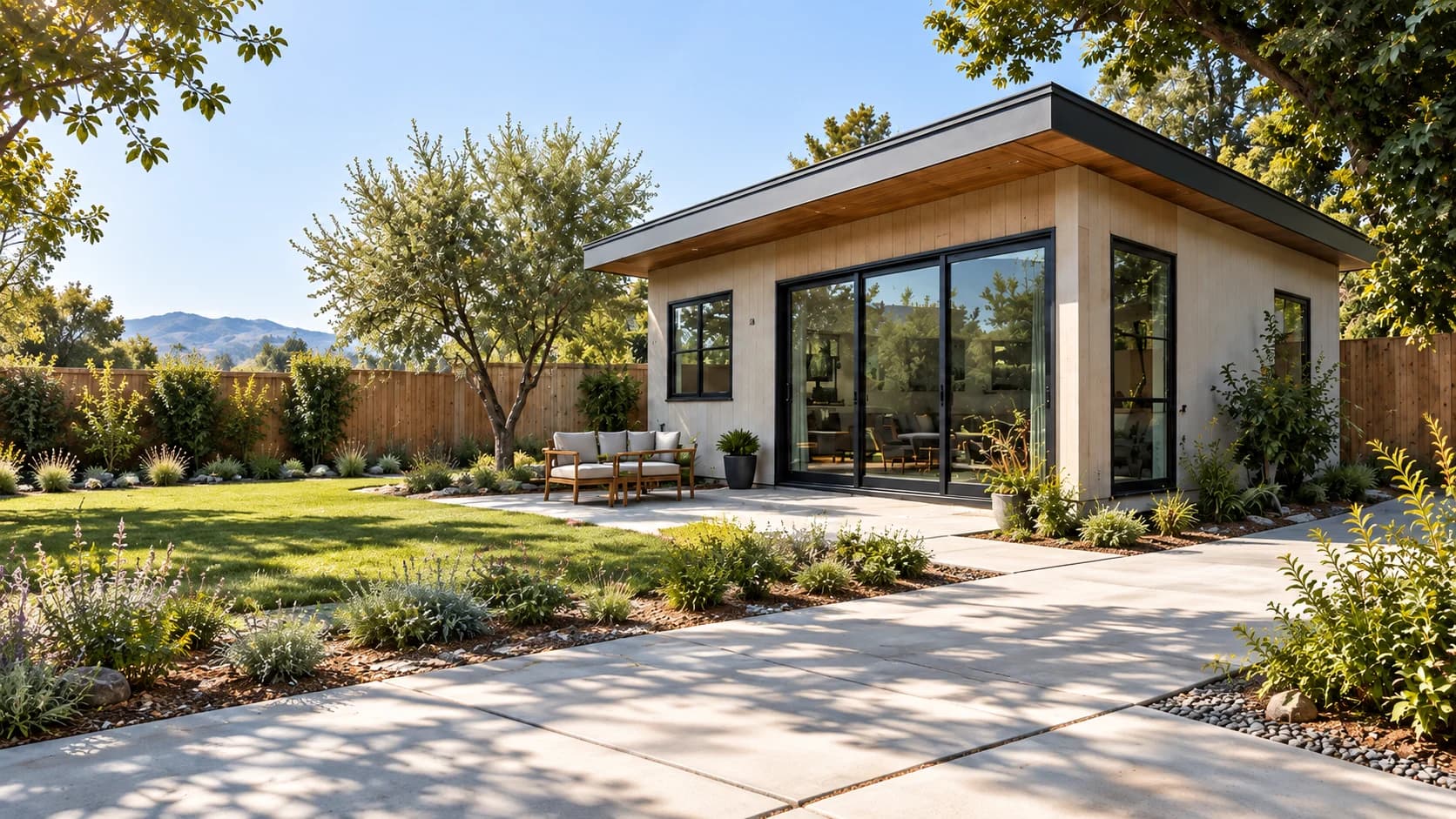 Architectural concept of a modern California ADU with pale siding, black window frames, and a landscaped backyard in natural daylight