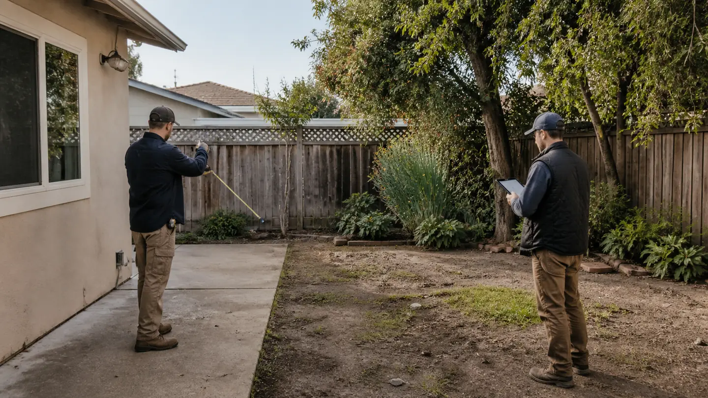 Illustrative preliminary backyard site review with measurements and condition notes