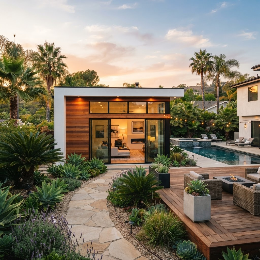 Luxury modern accessory dwelling unit in a California backyard at golden hour